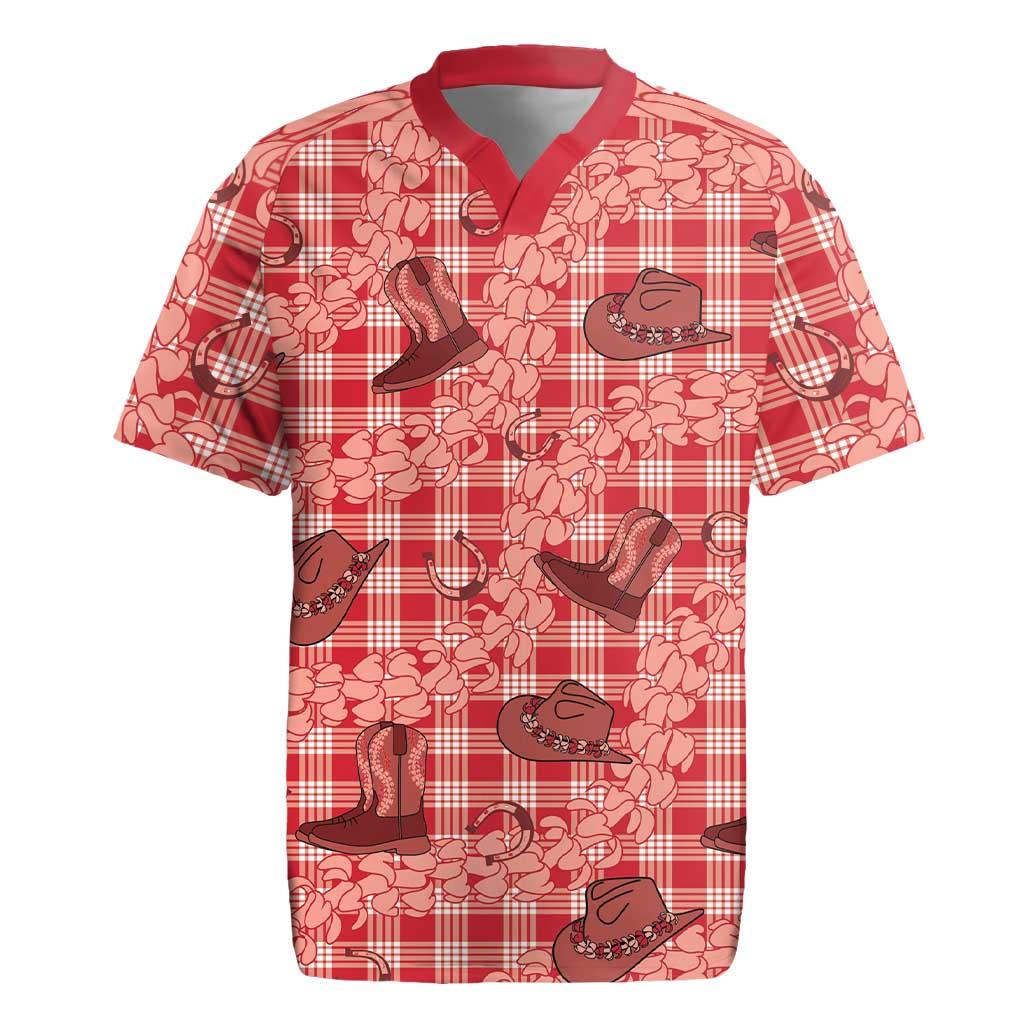 Red Palaka Hawaii Cowboy Rugby Jersey Puakenikeni Lei Paniolo Papale Seamless Vibes - Polynesian Pride