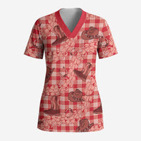 Red Palaka Hawaii Cowboy Scrub Top Puakenikeni Lei Paniolo Papale Seamless Vibes - Polynesian Pride