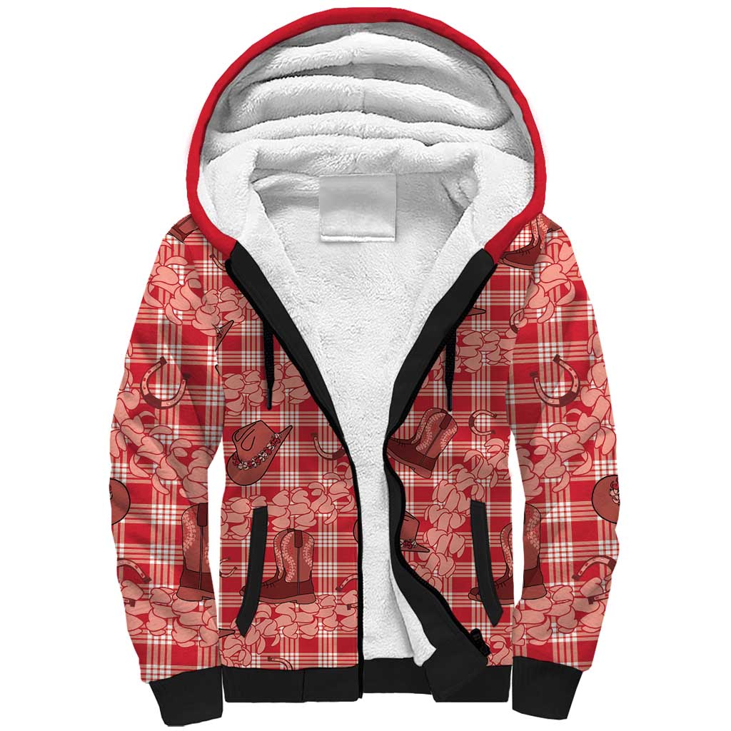 Red Palaka Hawaii Cowboy Sherpa Hoodie Puakenikeni Lei Paniolo Papale Seamless Vibes - Polynesian Pride