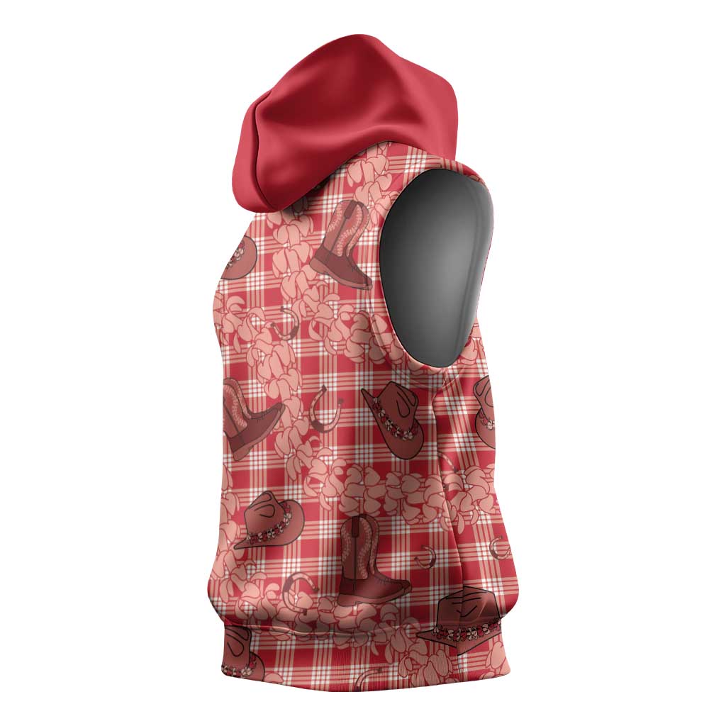 Red Palaka Hawaii Cowboy Sleeveless Hoodie Puakenikeni Lei Paniolo Papale Seamless Vibes - Polynesian Pride