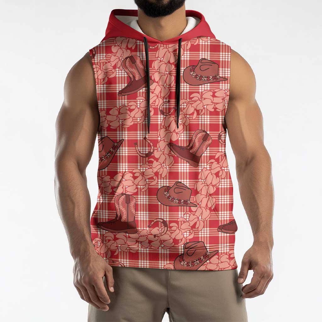Red Palaka Hawaii Cowboy Sleeveless Hoodie Puakenikeni Lei Paniolo Papale Seamless Vibes - Polynesian Pride