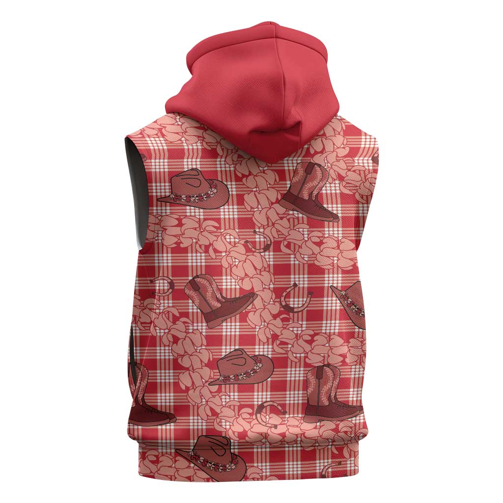 Red Palaka Hawaii Cowboy Sleeveless Zip Hoodie Puakenikeni Lei Paniolo Papale Seamless Vibes - Polynesian Pride