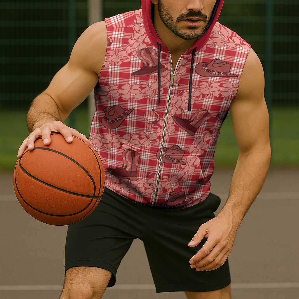 Red Palaka Hawaii Cowboy Sleeveless Zip Hoodie Puakenikeni Lei Paniolo Papale Seamless Vibes - Polynesian Pride
