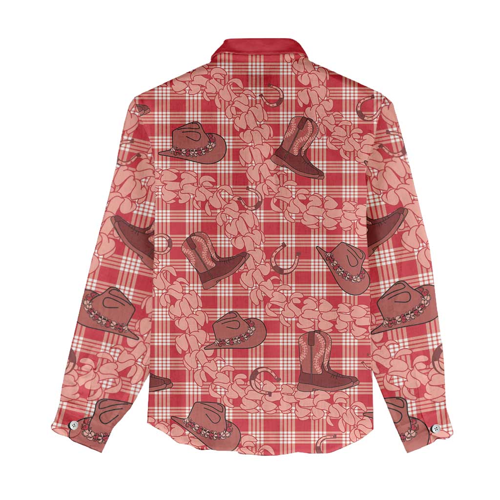 Red Palaka Hawaii Cowboy Women Casual Shirt Puakenikeni Lei Paniolo Papale Seamless Vibes - Polynesian Pride