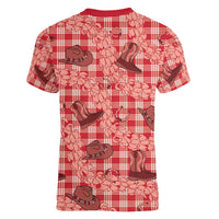 Red Palaka Hawaii Cowboy Women V-Neck T-Shirt Puakenikeni Lei Paniolo Papale Seamless Vibes - Polynesian Pride