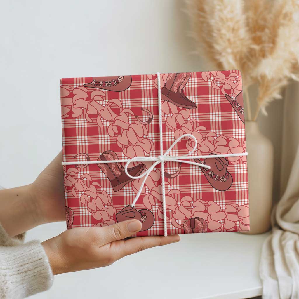 Red Palaka Hawaii Cowboy Wrapping Paper Puakenikeni Lei Paniolo Papale Seamless Vibes - Polynesian Pride