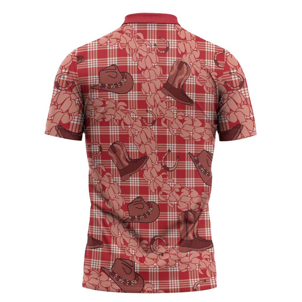 Red Palaka Hawaii Cowboy Zipper Polo Shirt Puakenikeni Lei Paniolo Papale Seamless Vibes - Polynesian Pride