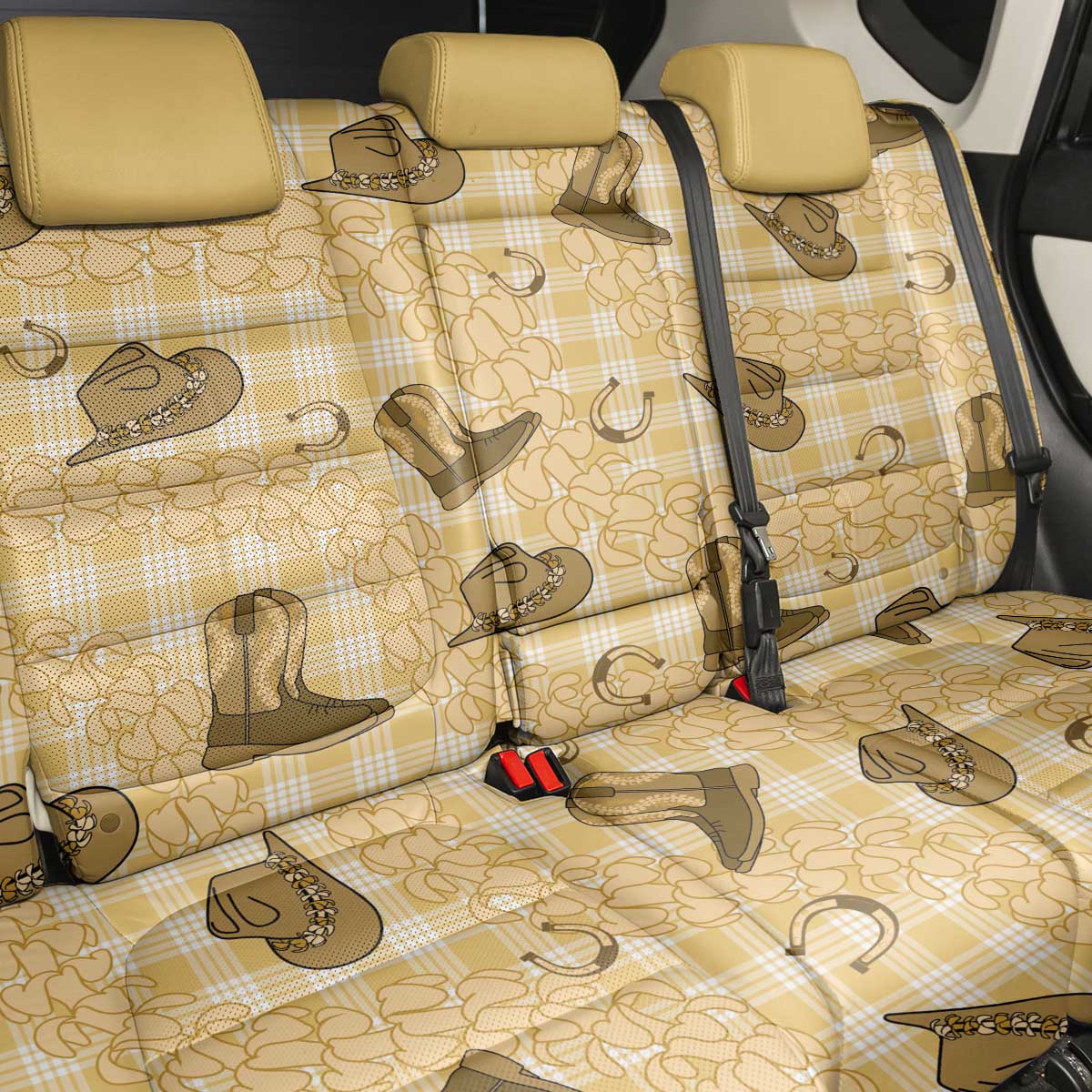 Yellow Palaka Hawaii Cowboy Back Car Seat Cover Puakenikeni Lei Paniolo Papale Seamless Vibes - Polynesian Pride