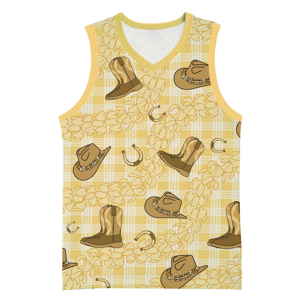 Yellow Palaka Hawaii Cowboy Basketball Jersey Puakenikeni Lei Paniolo Papale Seamless Vibes - Polynesian Pride
