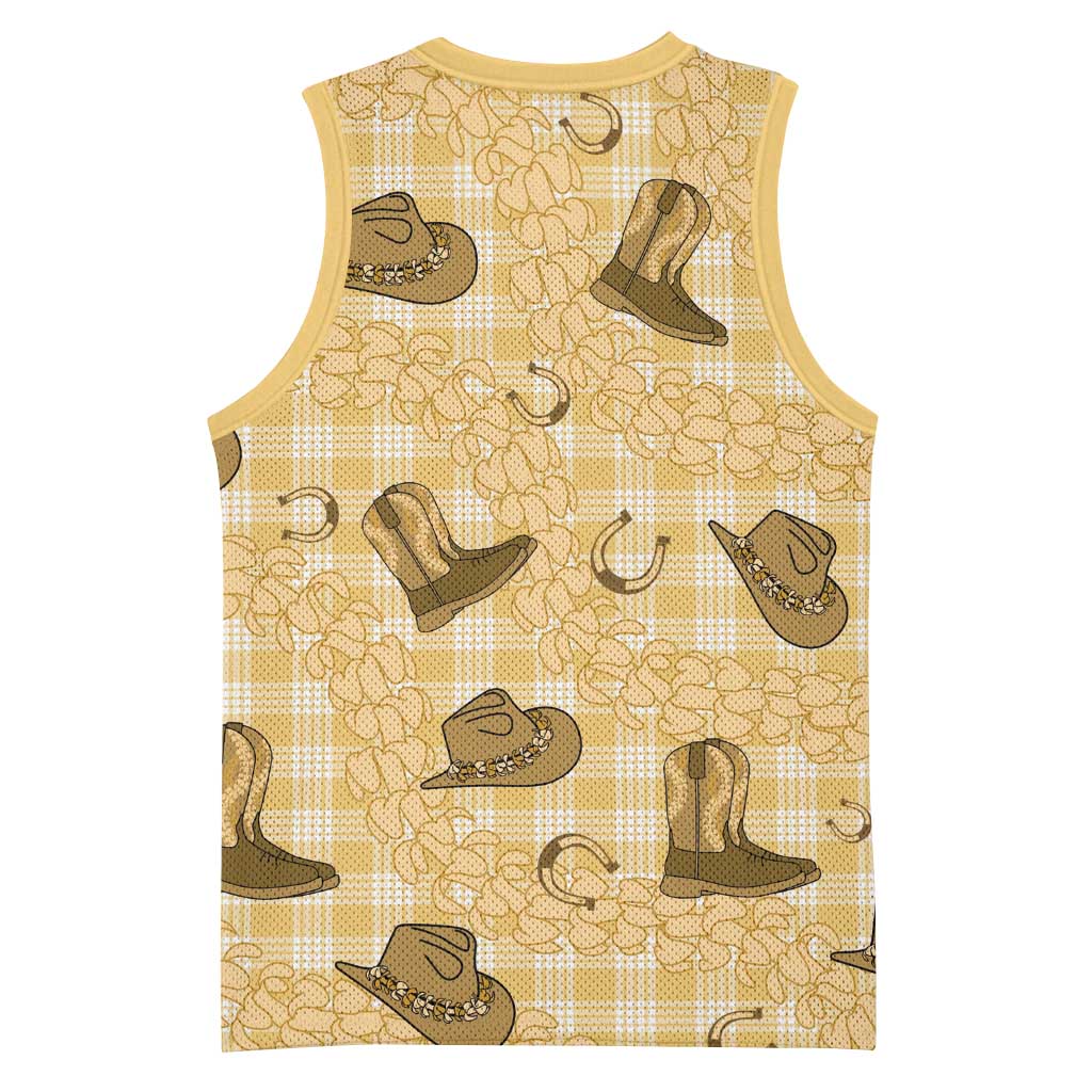 Yellow Palaka Hawaii Cowboy Basketball Jersey Puakenikeni Lei Paniolo Papale Seamless Vibes - Polynesian Pride