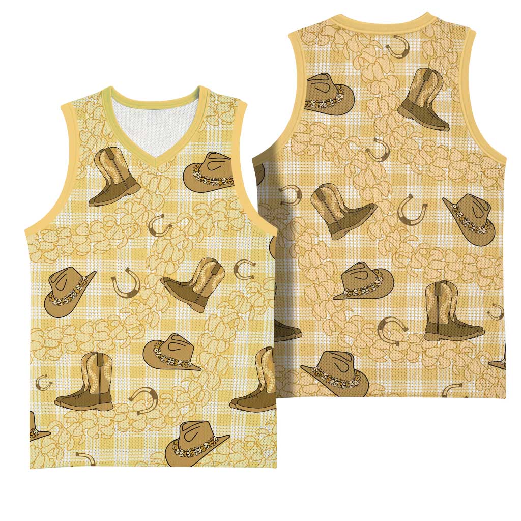 Yellow Palaka Hawaii Cowboy Basketball Jersey Puakenikeni Lei Paniolo Papale Seamless Vibes - Polynesian Pride