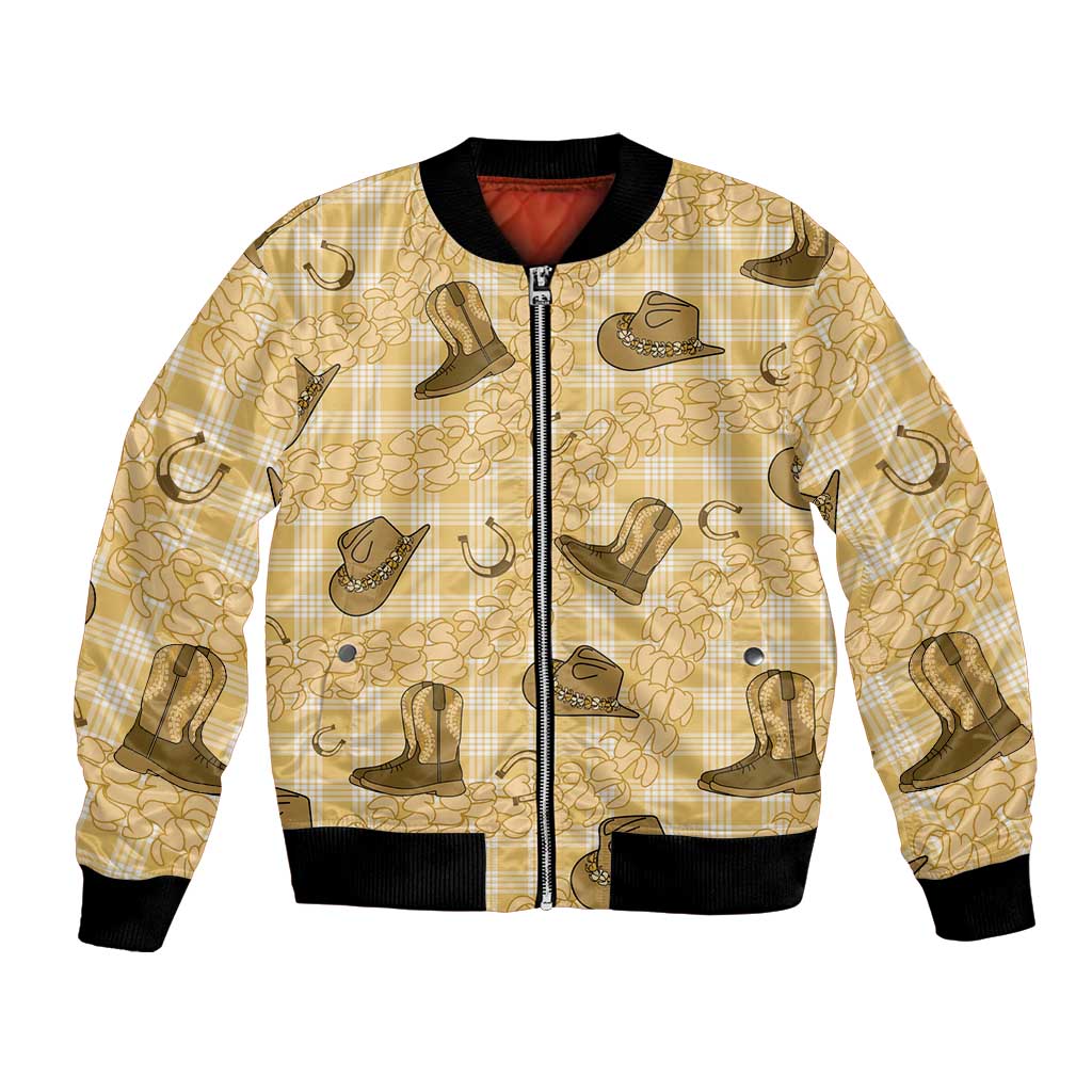Yellow Palaka Hawaii Cowboy Bomber Jacket Puakenikeni Lei Paniolo Papale Seamless Vibes - Polynesian Pride