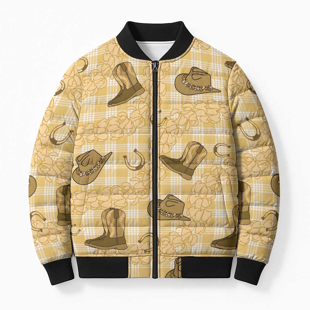 Yellow Palaka Hawaii Cowboy Bomber Puffer Jacket Puakenikeni Lei Paniolo Papale Seamless Vibes - Polynesian Pride