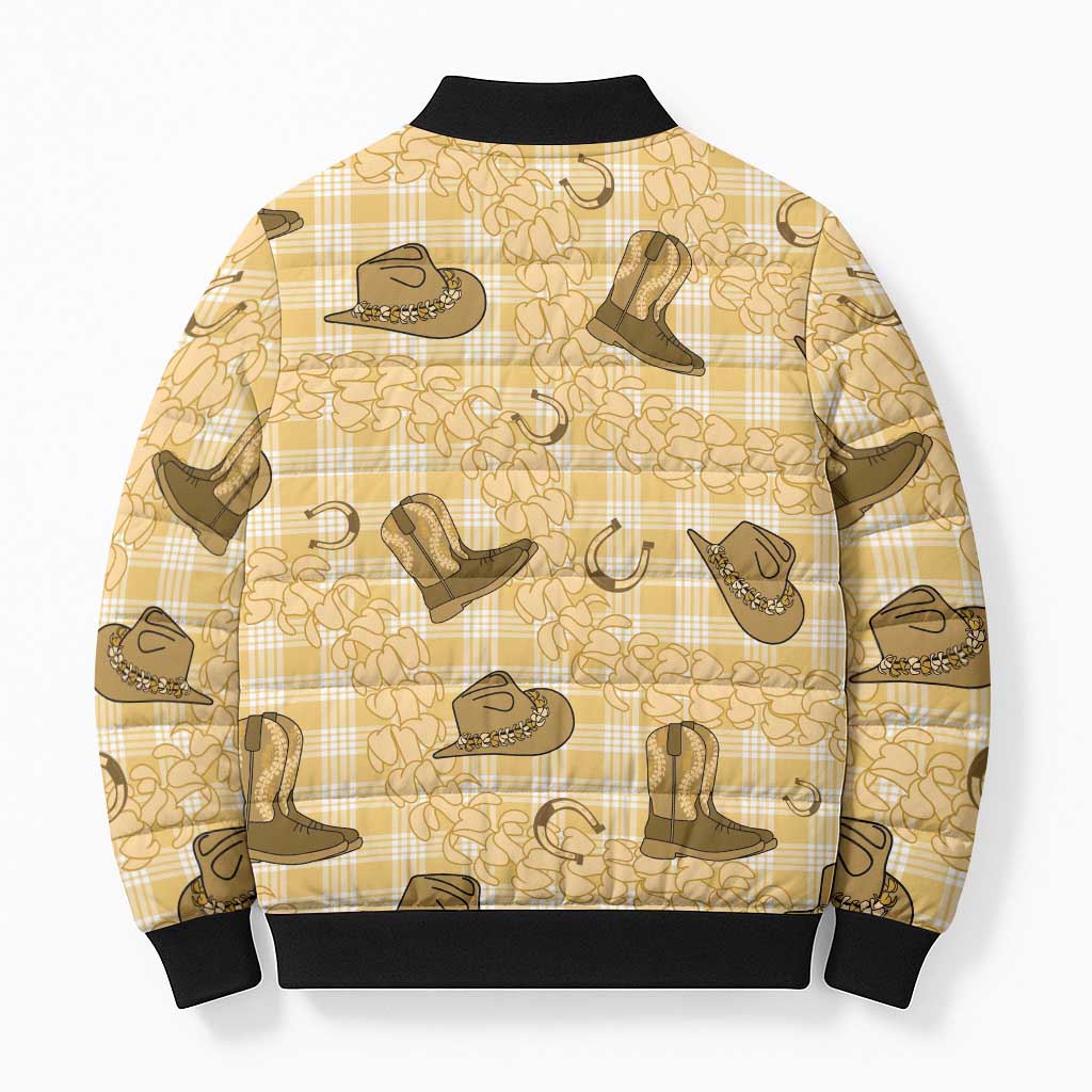 Yellow Palaka Hawaii Cowboy Bomber Puffer Jacket Puakenikeni Lei Paniolo Papale Seamless Vibes - Polynesian Pride