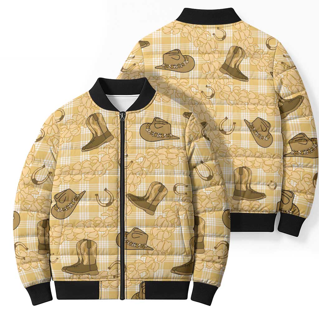 Yellow Palaka Hawaii Cowboy Bomber Puffer Jacket Puakenikeni Lei Paniolo Papale Seamless Vibes - Polynesian Pride