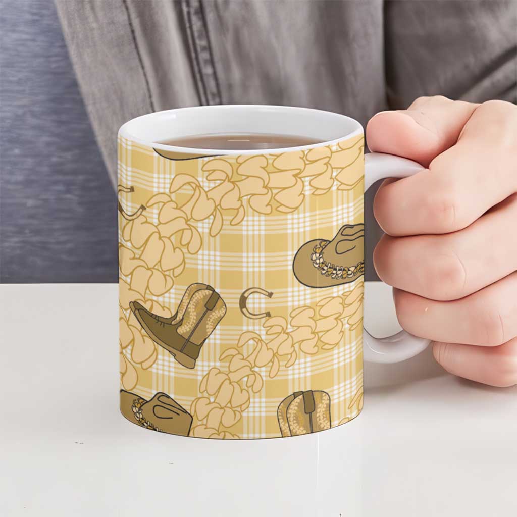 Yellow Palaka Hawaii Cowboy Ceramic Mug Puakenikeni Lei Paniolo Papale Seamless Vibes - Polynesian Pride