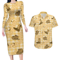 Yellow Palaka Hawaii Cowboy Couples Matching Long Sleeve Bodycon Dress and Hawaiian Shirt Puakenikeni Lei Paniolo Papale Seamless Vibes - Polynesian Pride