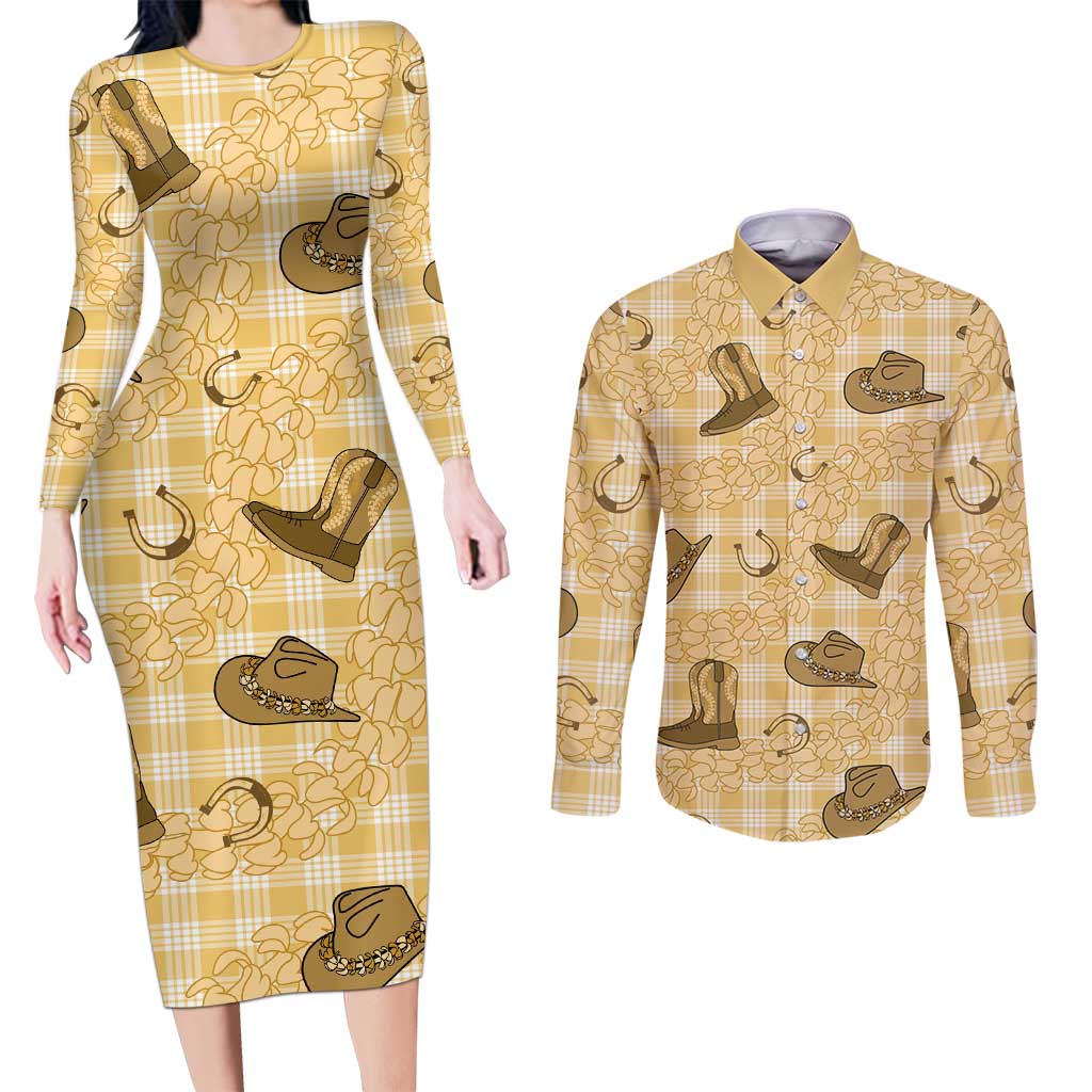 Yellow Palaka Hawaii Cowboy Couples Matching Long Sleeve Bodycon Dress and Long Sleeve Button Shirt Puakenikeni Lei Paniolo Papale Seamless Vibes - Polynesian Pride
