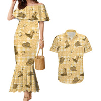Yellow Palaka Hawaii Cowboy Couples Matching Mermaid Dress and Hawaiian Shirt Puakenikeni Lei Paniolo Papale Seamless Vibes - Polynesian Pride