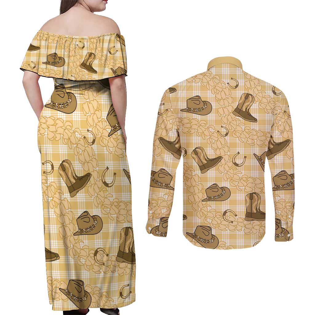 Yellow Palaka Hawaii Cowboy Couples Matching Off Shoulder Maxi Dress and Long Sleeve Button Shirt Puakenikeni Lei Paniolo Papale Seamless Vibes - Polynesian Pride