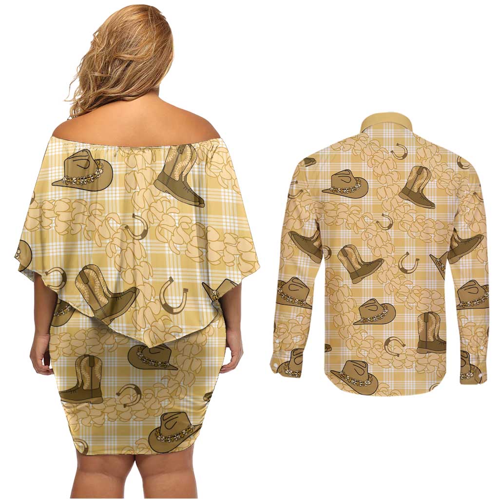 Yellow Palaka Hawaii Cowboy Couples Matching Off Shoulder Short Dress and Long Sleeve Button Shirt Puakenikeni Lei Paniolo Papale Seamless Vibes - Polynesian Pride
