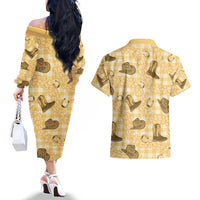 Yellow Palaka Hawaii Cowboy Couples Matching Off The Shoulder Long Sleeve Dress and Hawaiian Shirt Puakenikeni Lei Paniolo Papale Seamless Vibes - Polynesian Pride