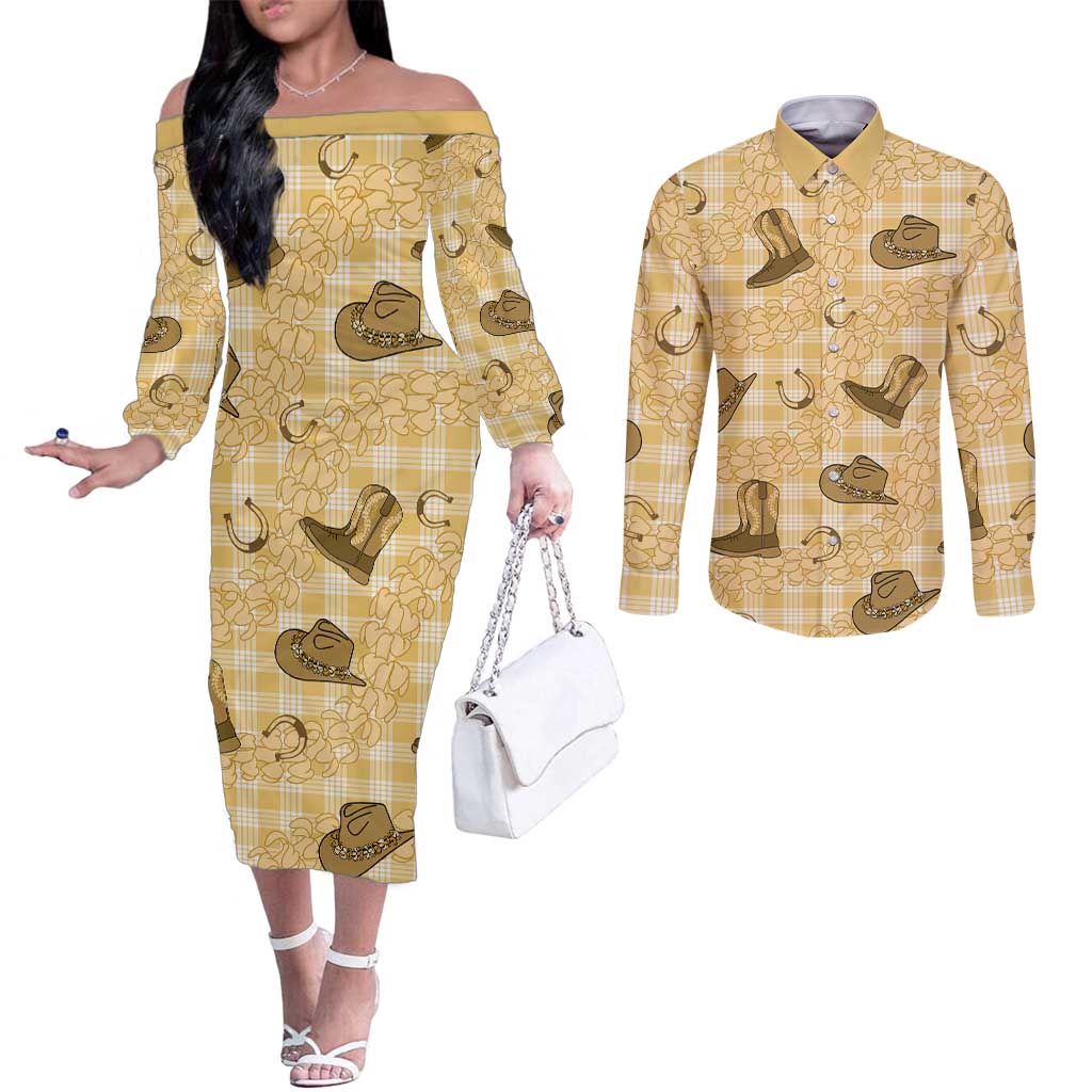 Yellow Palaka Hawaii Cowboy Couples Matching Off The Shoulder Long Sleeve Dress and Long Sleeve Button Shirt Puakenikeni Lei Paniolo Papale Seamless Vibes - Polynesian Pride