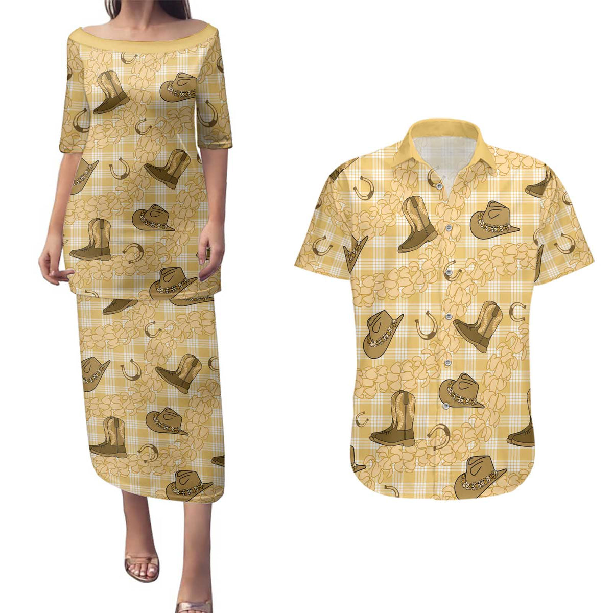 Yellow Palaka Hawaii Cowboy Couples Matching Puletasi and Hawaiian Shirt Puakenikeni Lei Paniolo Papale Seamless Vibes - Polynesian Pride