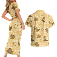 Yellow Palaka Hawaii Cowboy Couples Matching Short Sleeve Bodycon Dress and Hawaiian Shirt Puakenikeni Lei Paniolo Papale Seamless Vibes - Polynesian Pride