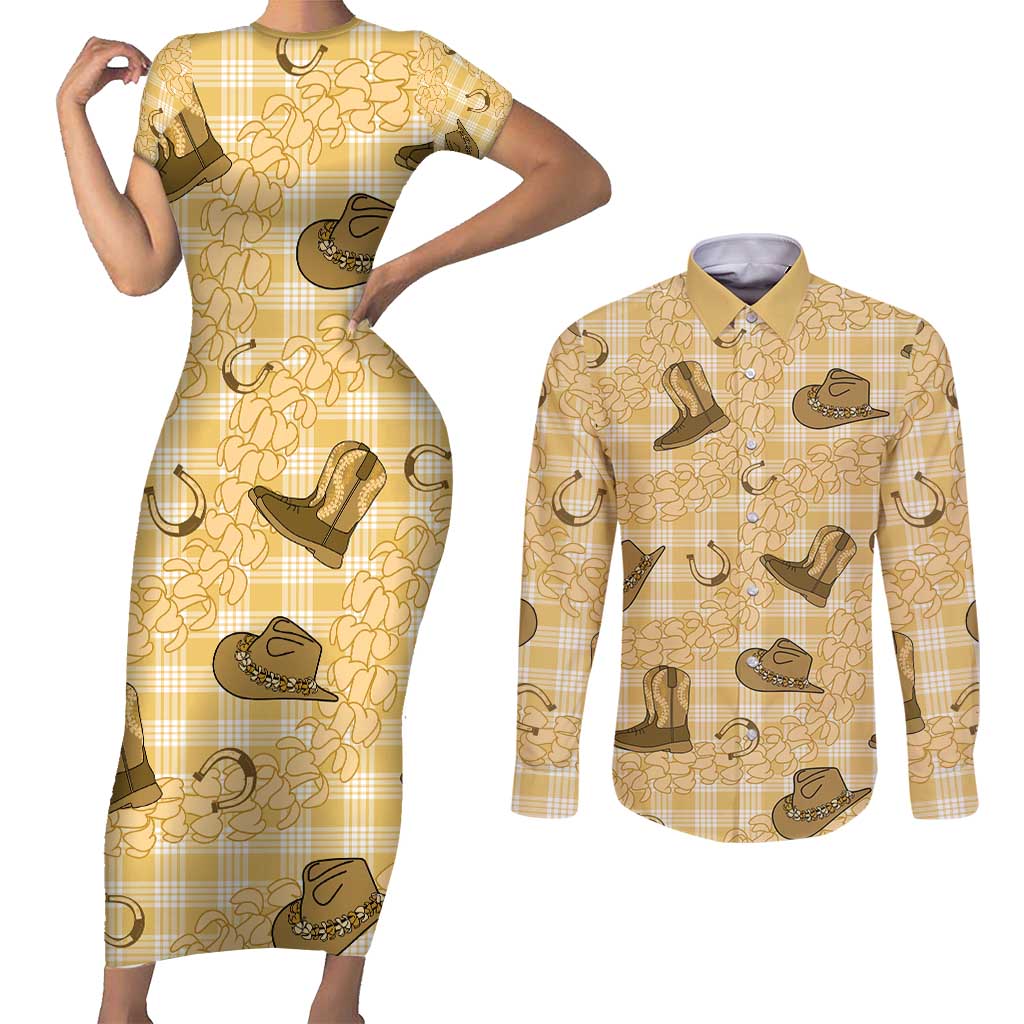 Yellow Palaka Hawaii Cowboy Couples Matching Short Sleeve Bodycon Dress and Long Sleeve Button Shirt Puakenikeni Lei Paniolo Papale Seamless Vibes - Polynesian Pride