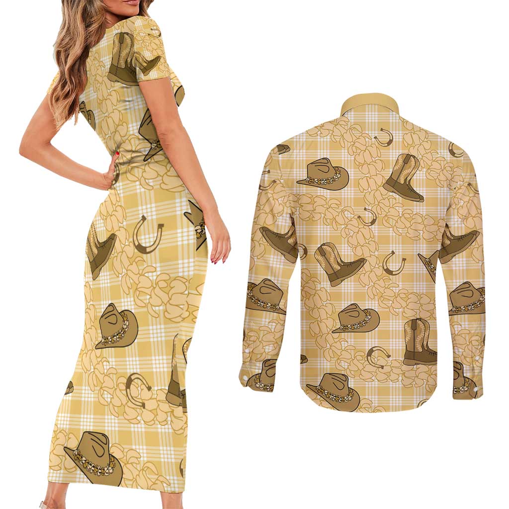 Yellow Palaka Hawaii Cowboy Couples Matching Short Sleeve Bodycon Dress and Long Sleeve Button Shirt Puakenikeni Lei Paniolo Papale Seamless Vibes - Polynesian Pride