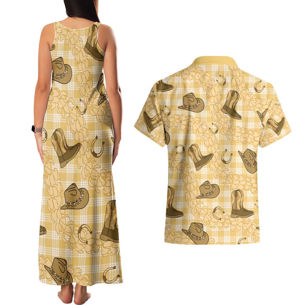 Yellow Palaka Hawaii Cowboy Couples Matching Tank Maxi Dress and Hawaiian Shirt Puakenikeni Lei Paniolo Papale Seamless Vibes - Polynesian Pride