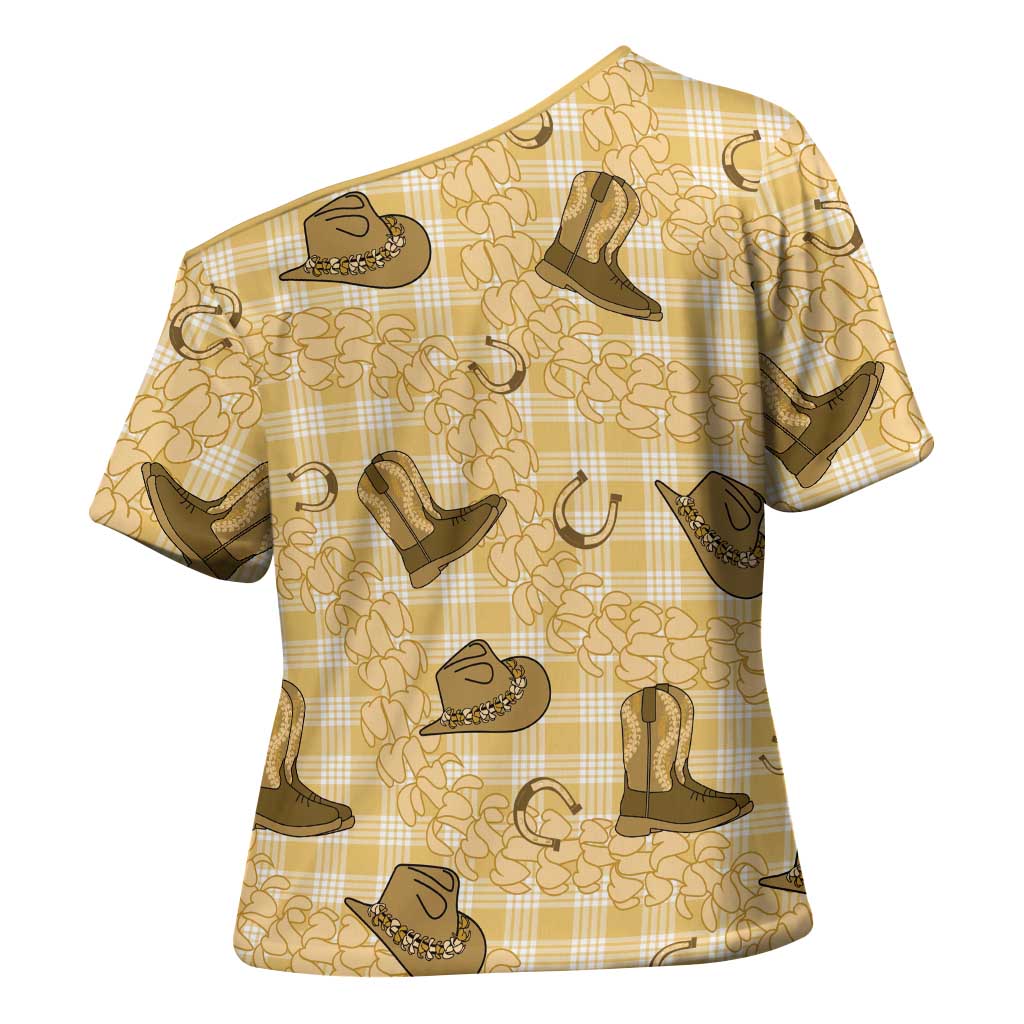 Yellow Palaka Hawaii Cowboy Cross Shoulder Shirt Puakenikeni Lei Paniolo Papale Seamless Vibes - Polynesian Pride