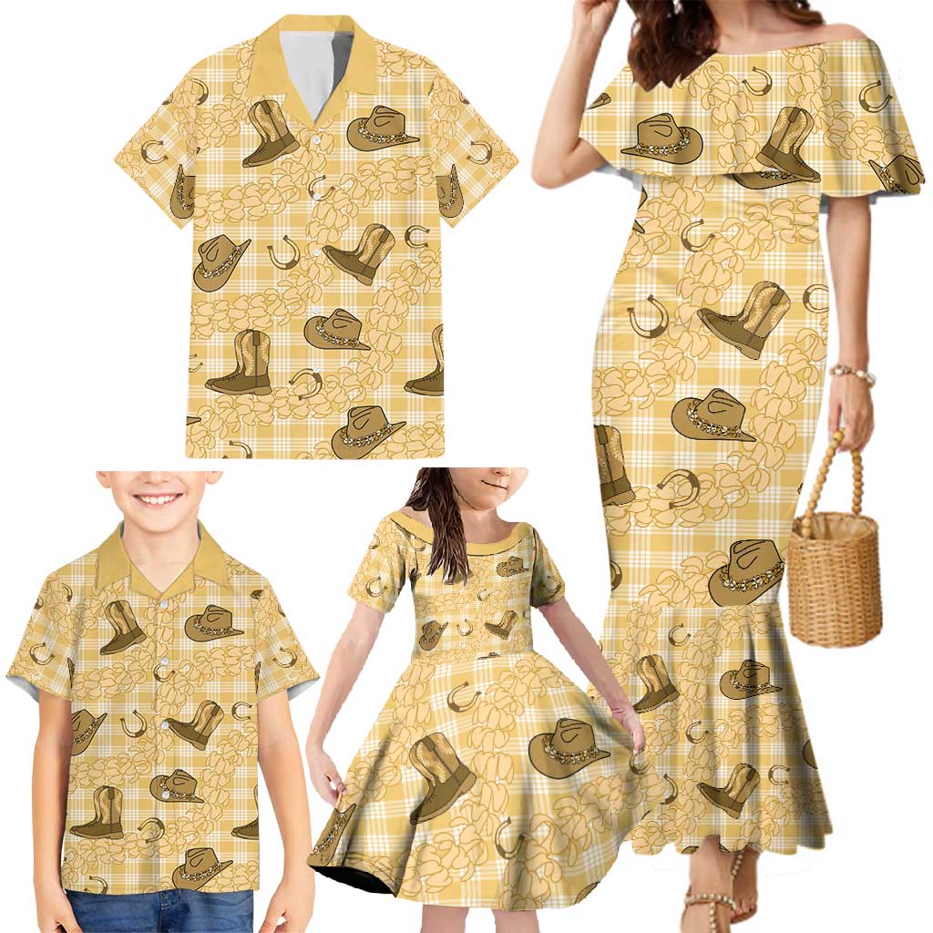Yellow Palaka Hawaii Cowboy Family Matching Mermaid Dress and Hawaiian Shirt Puakenikeni Lei Paniolo Papale Seamless Vibes - Polynesian Pride