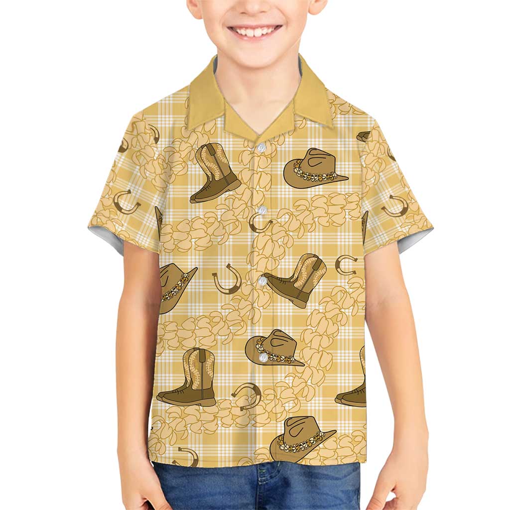 Yellow Palaka Hawaii Cowboy Family Matching Off Shoulder Short Dress and Hawaiian Shirt Puakenikeni Lei Paniolo Papale Seamless Vibes - Polynesian Pride