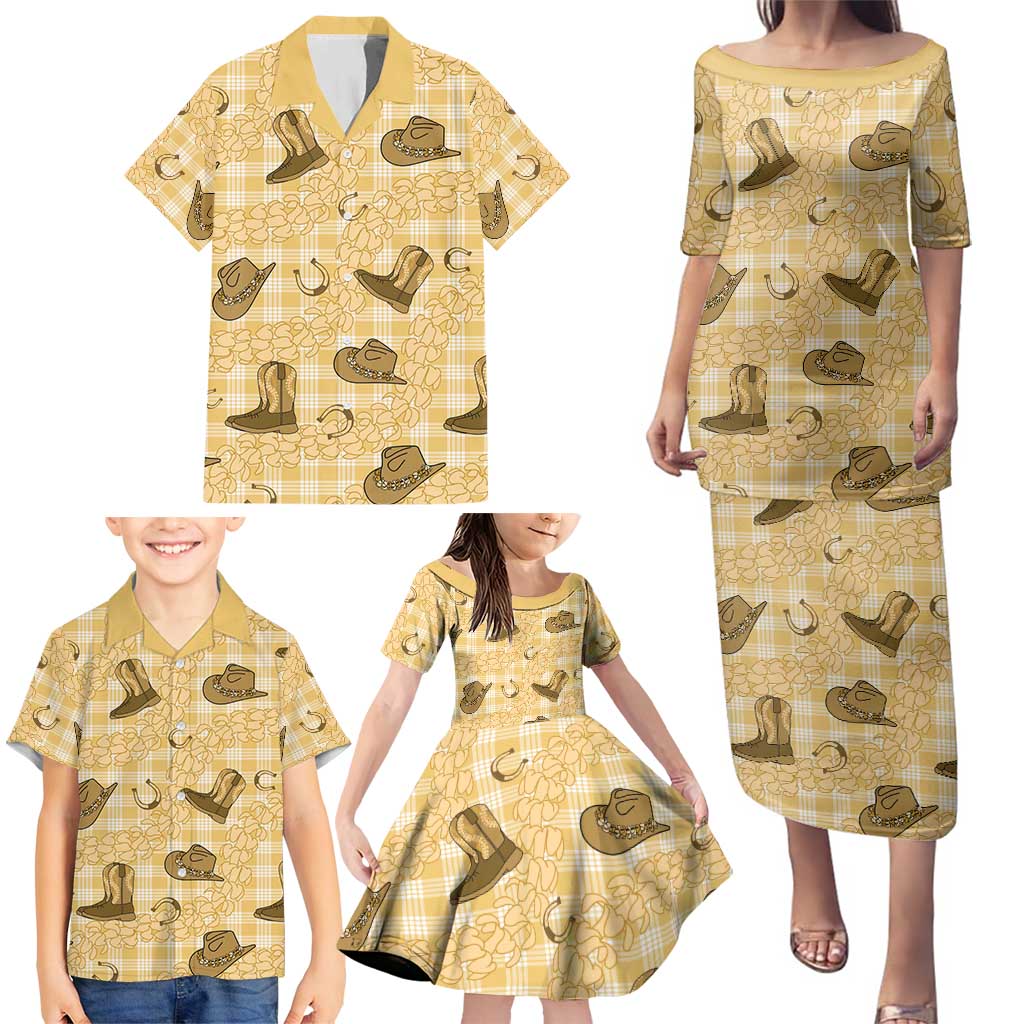 Yellow Palaka Hawaii Cowboy Family Matching Puletasi and Hawaiian Shirt Puakenikeni Lei Paniolo Papale Seamless Vibes - Polynesian Pride