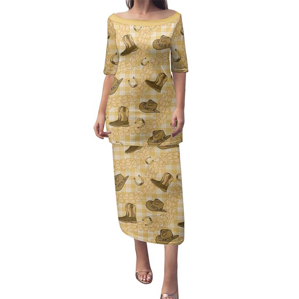 Yellow Palaka Hawaii Cowboy Family Matching Puletasi and Hawaiian Shirt Puakenikeni Lei Paniolo Papale Seamless Vibes - Polynesian Pride