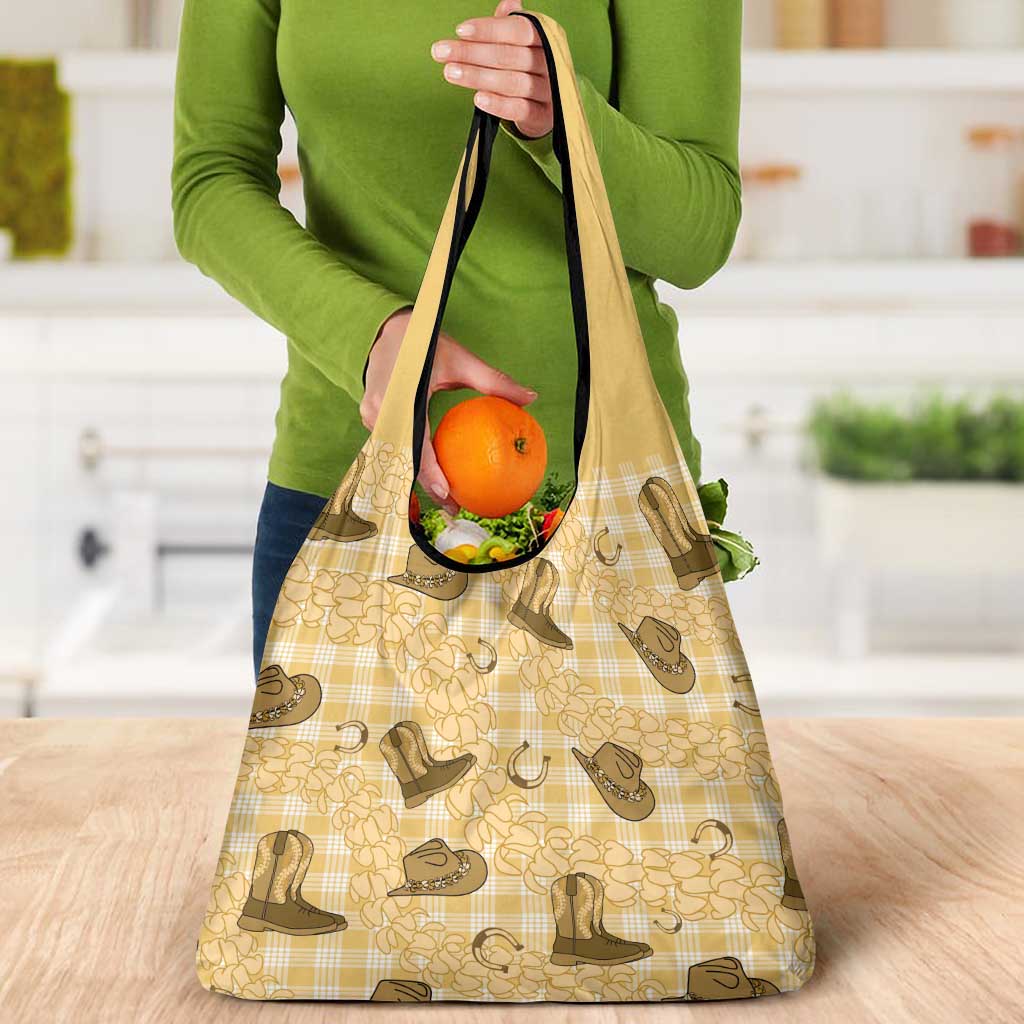 Yellow Palaka Hawaii Cowboy Grocery Bag Puakenikeni Lei Paniolo Papale Seamless Vibes - Polynesian Pride