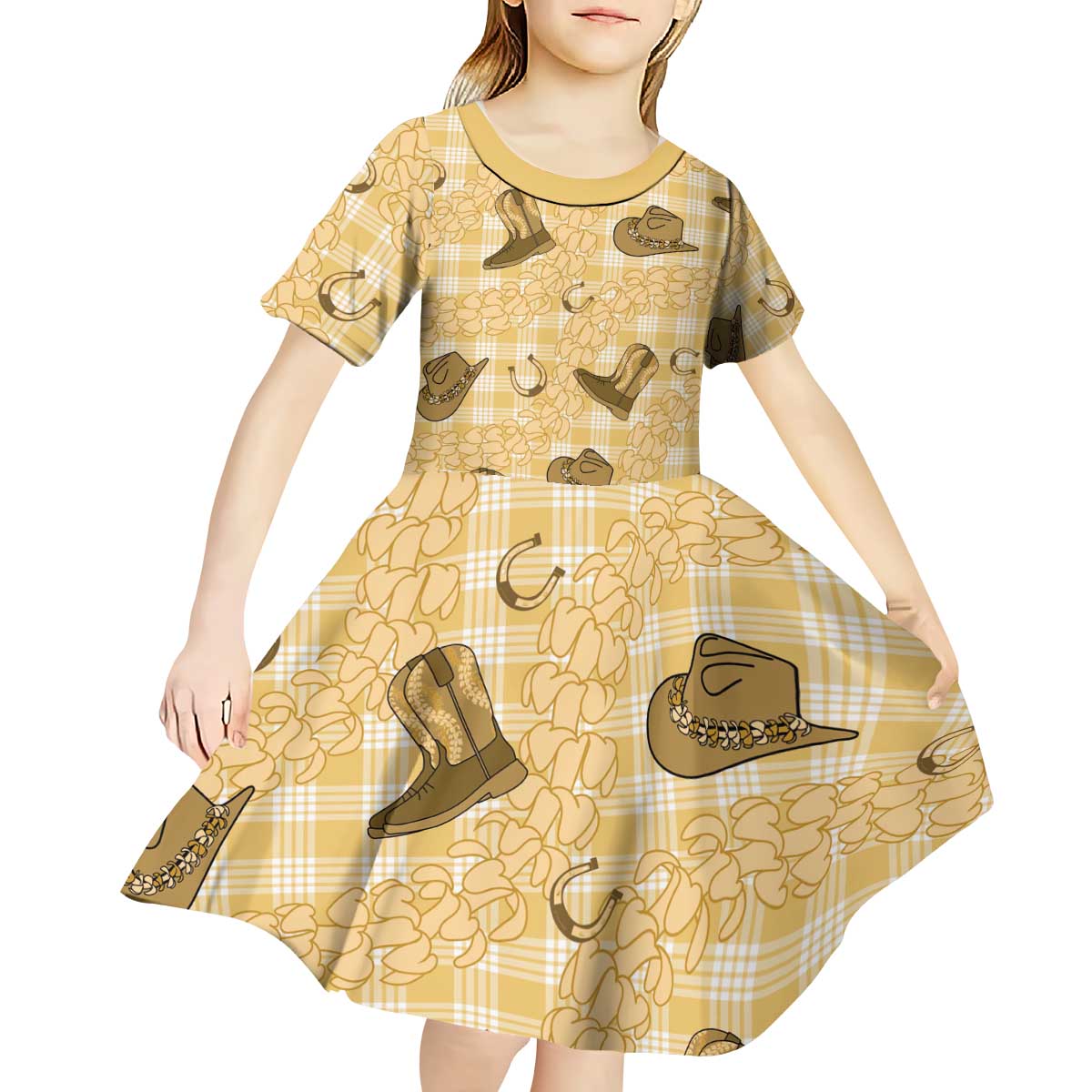 Yellow Palaka Hawaii Cowboy Kid Short Sleeve Dress Puakenikeni Lei Paniolo Papale Seamless Vibes - Polynesian Pride