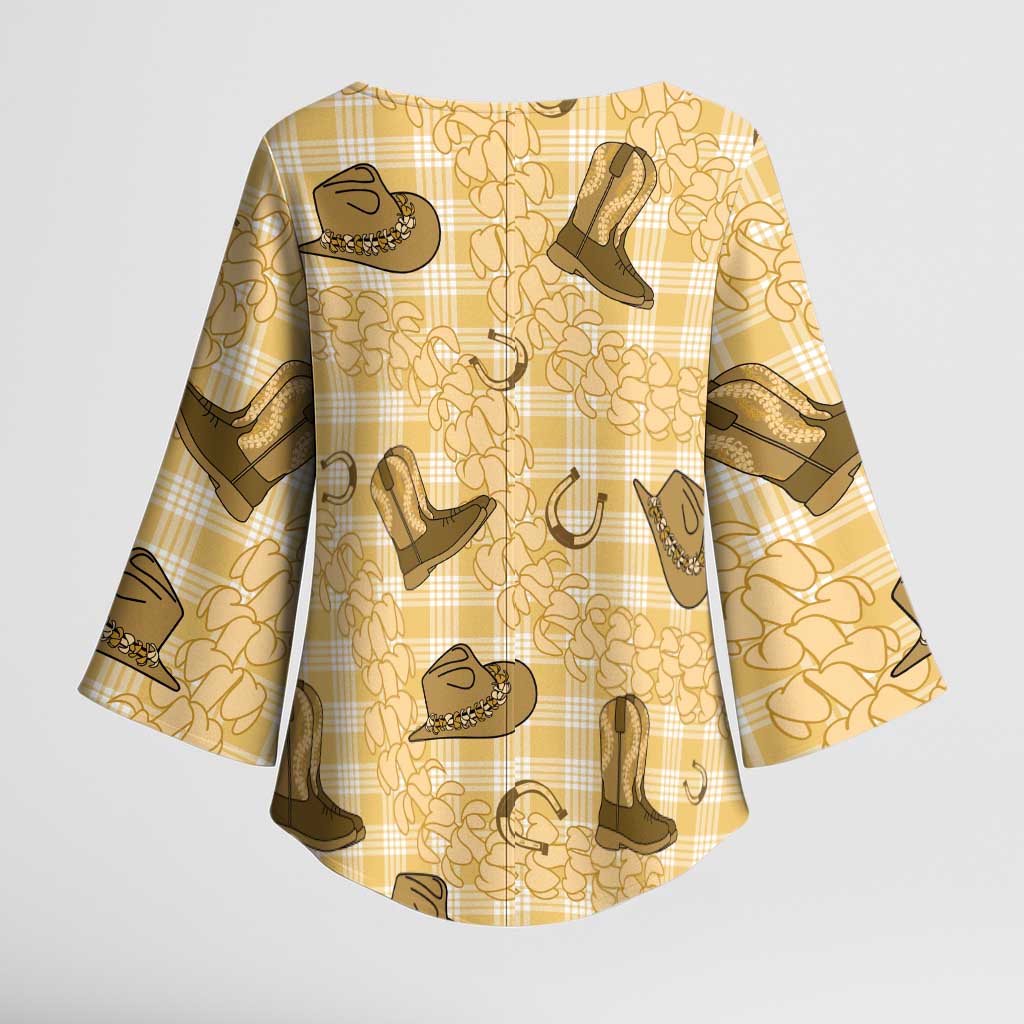 Yellow Palaka Hawaii Cowboy Kimono Sleeve Blouse Puakenikeni Lei Paniolo Papale Seamless Vibes - Polynesian Pride