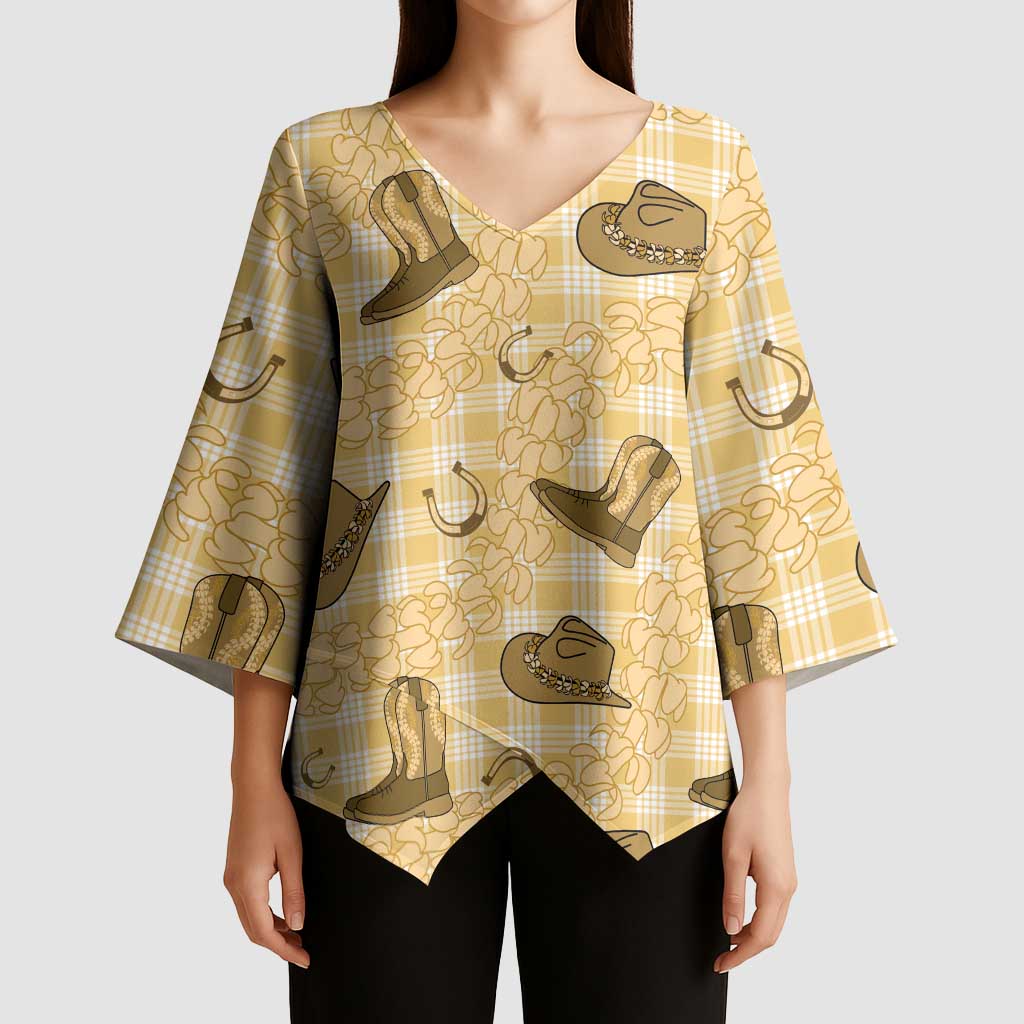 Yellow Palaka Hawaii Cowboy Kimono Sleeve Blouse Puakenikeni Lei Paniolo Papale Seamless Vibes - Polynesian Pride