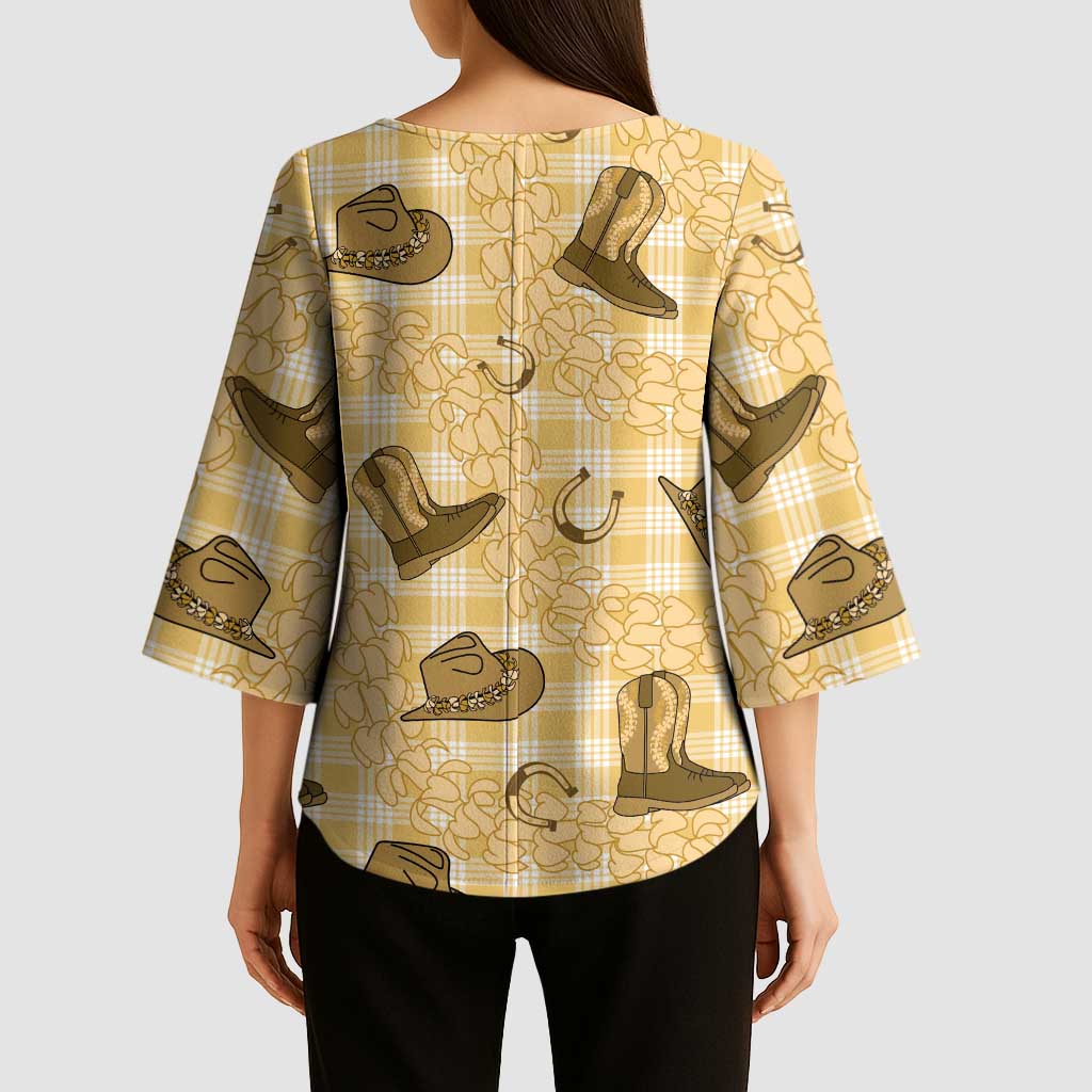 Yellow Palaka Hawaii Cowboy Kimono Sleeve Blouse Puakenikeni Lei Paniolo Papale Seamless Vibes - Polynesian Pride