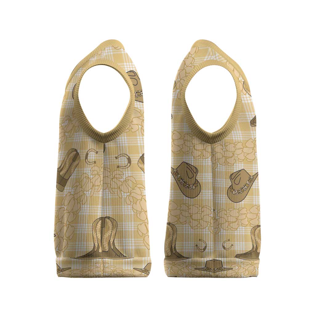 Yellow Palaka Hawaii Cowboy Christmas Knitted V-Neck Vest Puakenikeni Lei Paniolo Papale Seamless Vibes - Polynesian Pride