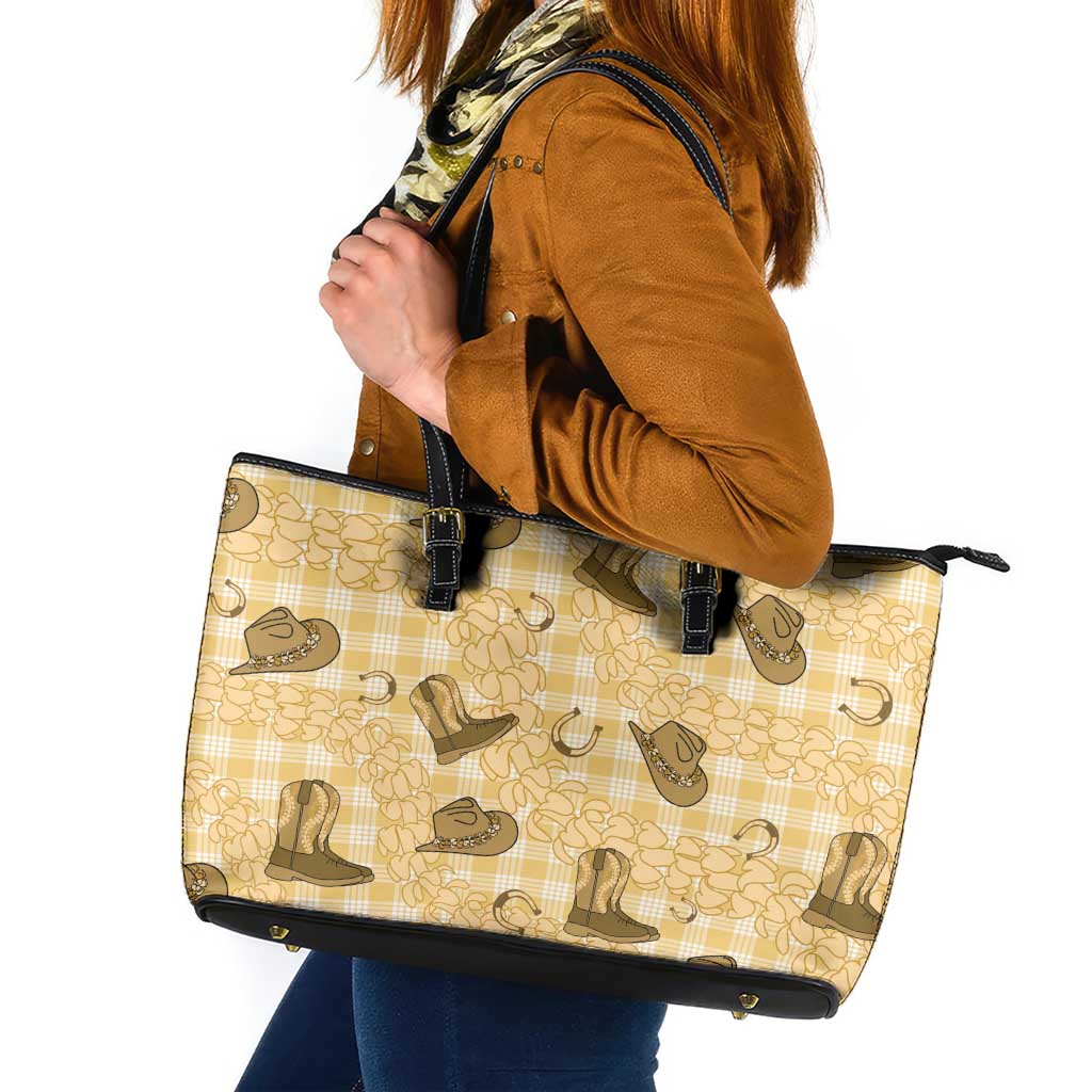Yellow Palaka Hawaii Cowboy Leather Tote Bag Puakenikeni Lei Paniolo Papale Seamless Vibes - Polynesian Pride