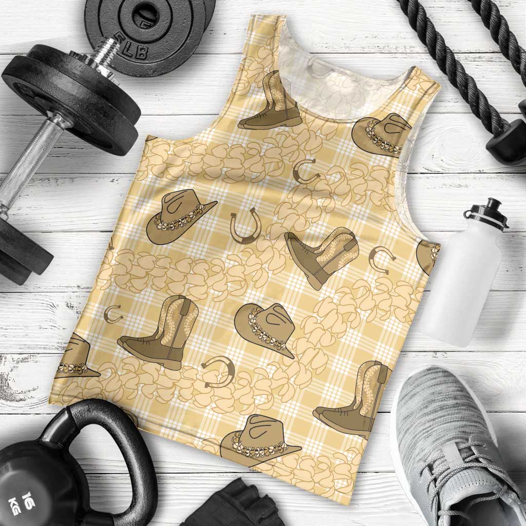Yellow Palaka Hawaii Cowboy Men Tank Top Puakenikeni Lei Paniolo Papale Seamless Vibes - Polynesian Pride