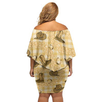 Yellow Palaka Hawaii Cowboy Off Shoulder Short Dress Puakenikeni Lei Paniolo Papale Seamless Vibes - Polynesian Pride