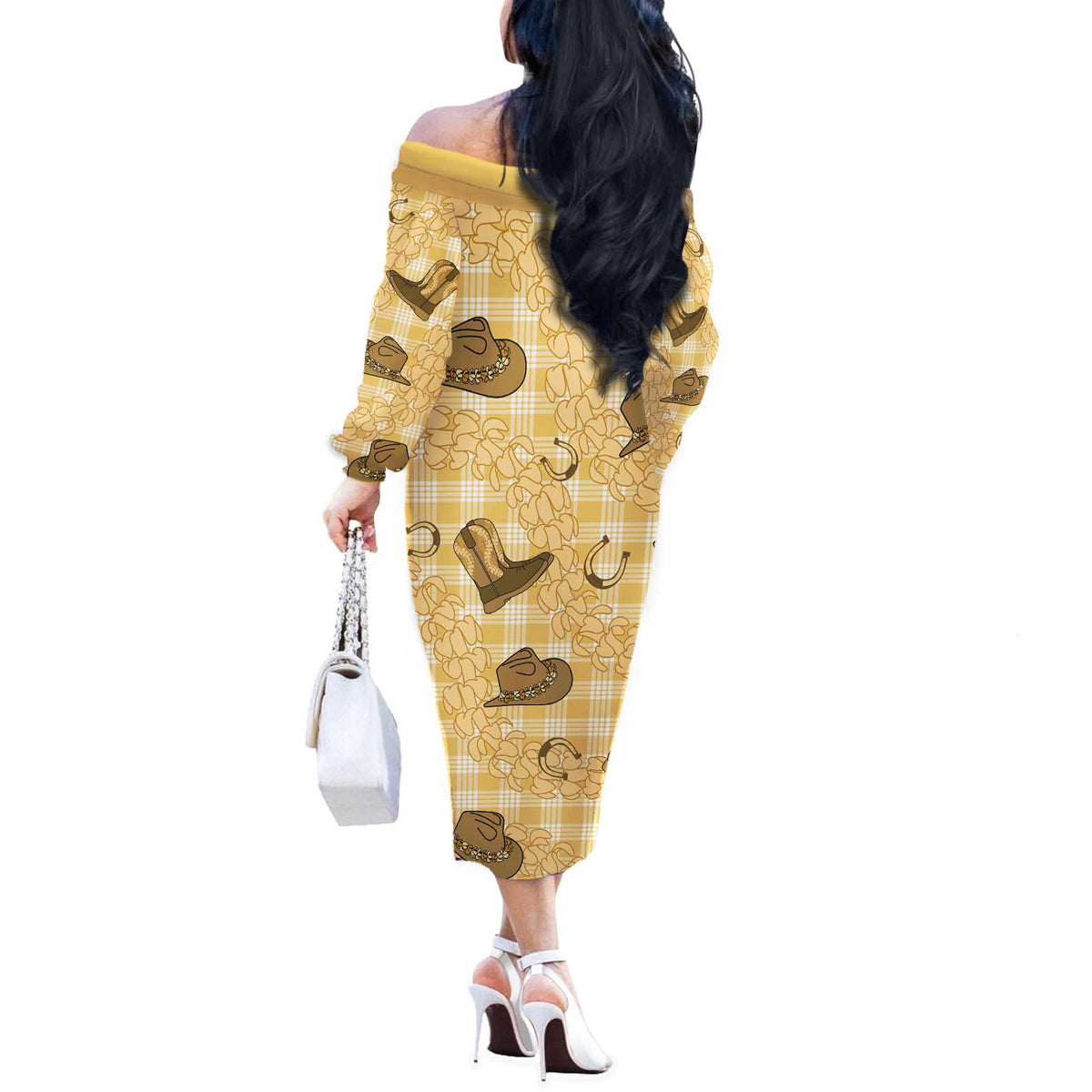 Yellow Palaka Hawaii Cowboy Off The Shoulder Long Sleeve Dress Puakenikeni Lei Paniolo Papale Seamless Vibes - Polynesian Pride
