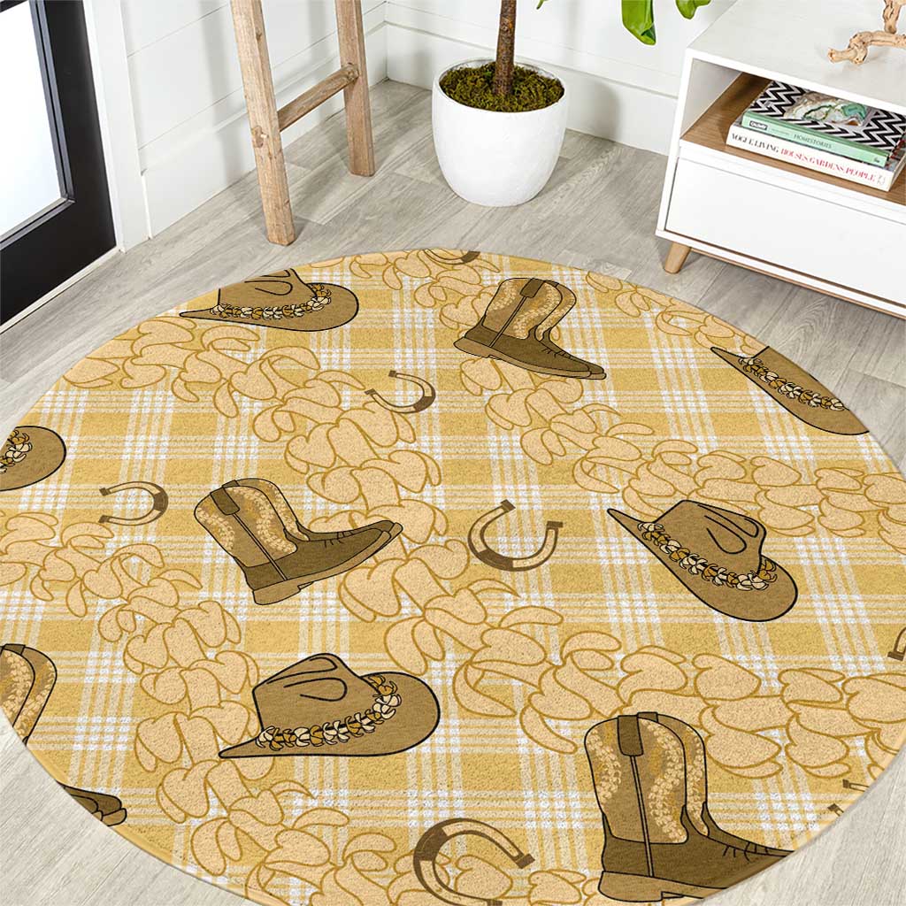 Yellow Palaka Hawaii Cowboy Round Carpet Puakenikeni Lei Paniolo Papale Seamless Vibes - Polynesian Pride