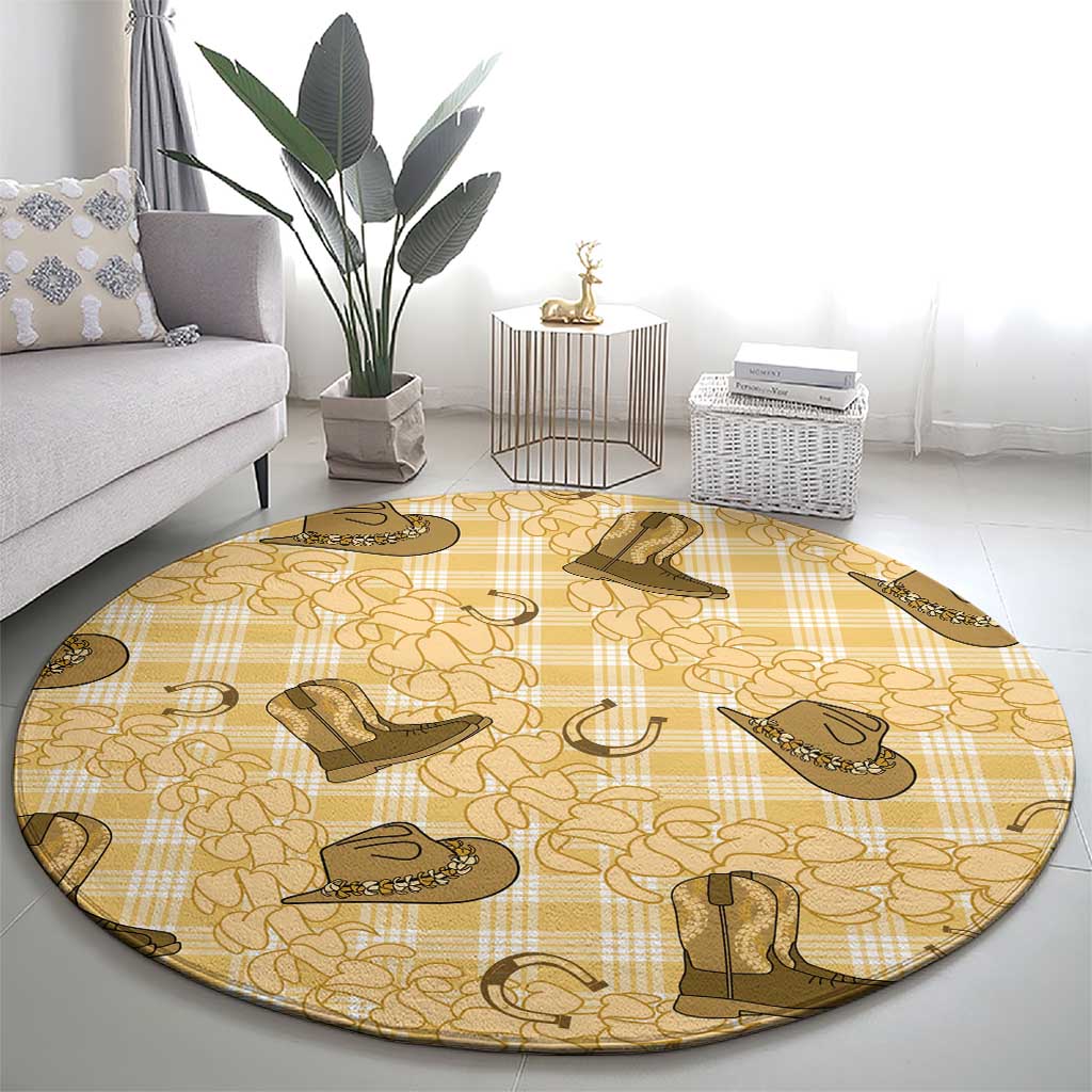 Yellow Palaka Hawaii Cowboy Round Carpet Puakenikeni Lei Paniolo Papale Seamless Vibes - Polynesian Pride