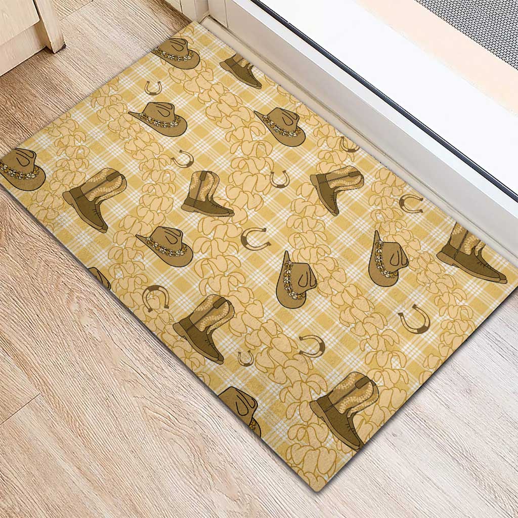 Yellow Palaka Hawaii Cowboy Rubber Doormat Puakenikeni Lei Paniolo Papale Seamless Vibes - Polynesian Pride
